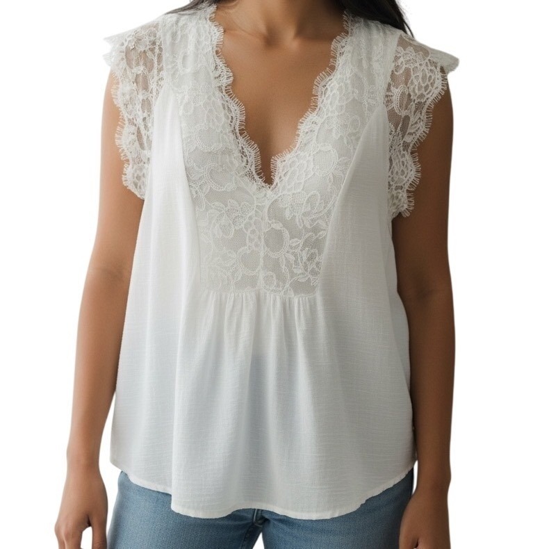 Lovestitch Vici Collection White Lace Trim Cap Sleeve Sheer V-Neck Blouse Small